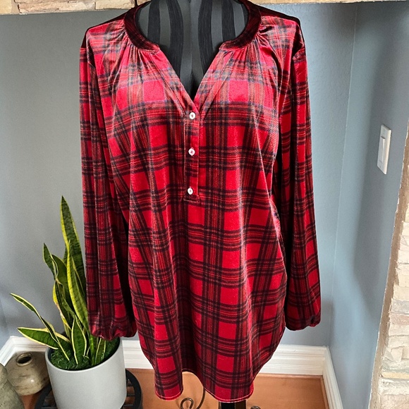 Intro Stretch Velvet Oversized Tartan Plaid Henley Top Holiday Comfy Red Black L - Picture 2 of 11